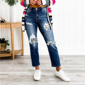 Risen Dark Wash Mid Rise Sequin Patch Jeans size 3